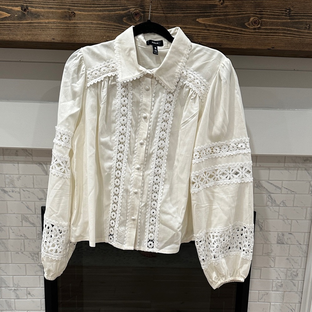 Aqua White Lace Women's collar button Top